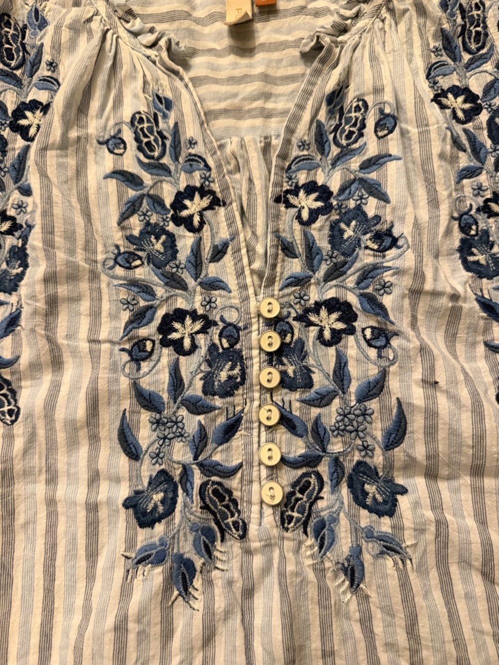 Pilcro Anthropologie Embroidered Blouse S Blue Stripe Cotton Boho Top - Picture 5 of 10